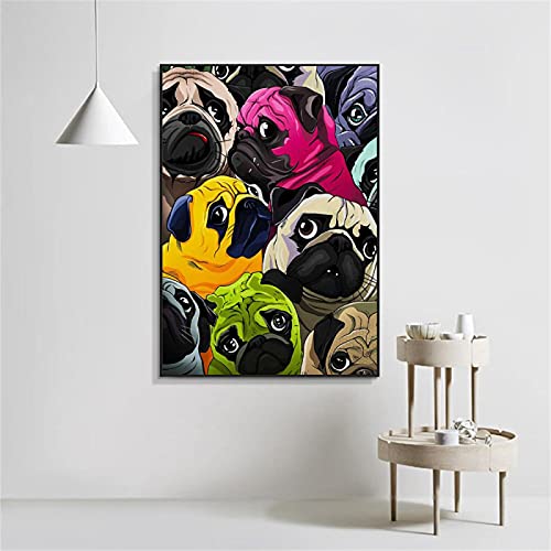 Niedliche Möpse Graffiti Kunst Aquarell Tiere Drucke auf Leinwand Wandkunst Hunde Dekorative Gemälde für Wohnzimmer Wohnkultur 80x100cm Rahmenlos