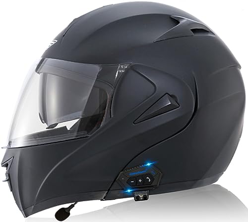 Bluetooth-Motorradhelm Modularer Motorradhelm Klapphelm Mit Bluetooth Integrierter MP3-Integration Unisex-Passform Motocross Cruiser Chopper DOT/ECE-Geprüft 5,L(59-60CM)