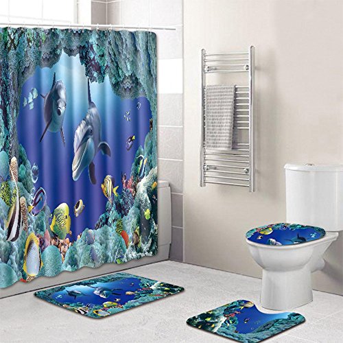 Badzimmer Teppich Set Unterwasserwelt Anti-Rutsch Duschvorhang Toiletten-Abdeckung Fußmatte Badmatte