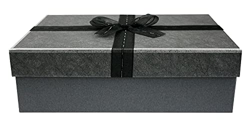 Emartbuy Starre Geschenkbox, 33,5 x 25 x 11,5 cm, dunkelgraue Box mit dunkelgrauem Deckel, schwarzes Stoff-Dekoband und 100 g geschreddertes Papier in schwarz