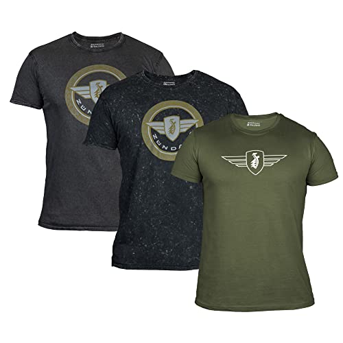 ZÜNDAPP T Shirt Herren oder Damen | Basic Tshirt 3er Set | Unisex Baumwoll T-Shirt 3er Pack (L, grau meliert + grau Snow-Washed + Oliv Uni)
