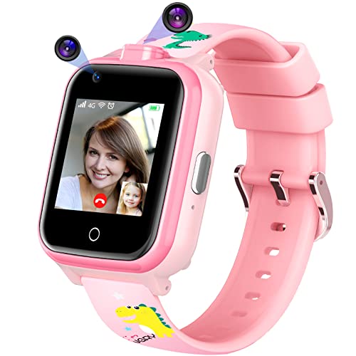 4G Kinder-Smartwatch, Mingfuxin Wasserdichtes Smartwatch-Telefon mit Dual-Kamera, Kinder-GPS-Tracker mit WiFi-Videotelefonanruf SOS für Mädchen Jungen 3-14 Geburtstagsgeschenke (Rosa)