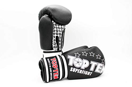 TOP Ten Boxhandschuhe SUPERFIGHT 3000" 10 12 14 16 Oz - Kickboxen Boxen Leder schwarz/weiß 16 Oz