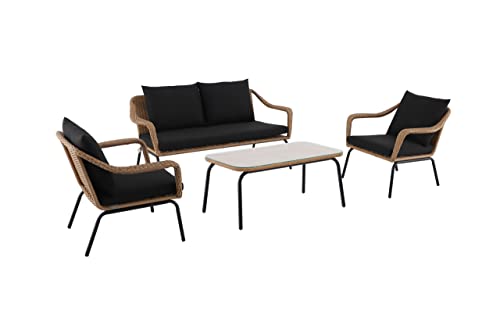 METRO Professional Loungemöbel Set, Rattan gartenmöbel Set, 4-TLG,1 Sofa Garden, 1 x Tisch klein,2 x Sessel, inkl. Kissen, Stahl/PE Rattan, Relax für Outdoor, Terrasse und Garten, braun/schwarz