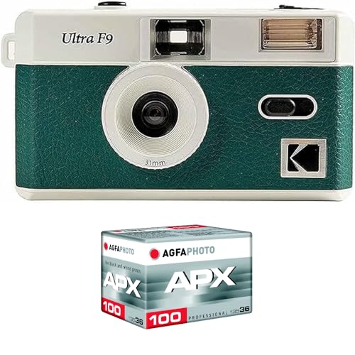 KODAK Set F9 Silber + Film 100 ASA – Kamera wiederaufladbar 35 mm grün, festes Weitwinkelobjektiv, optischer Sucher, integrierter Blitz + APX 100 Film, 36 Aufnahmen