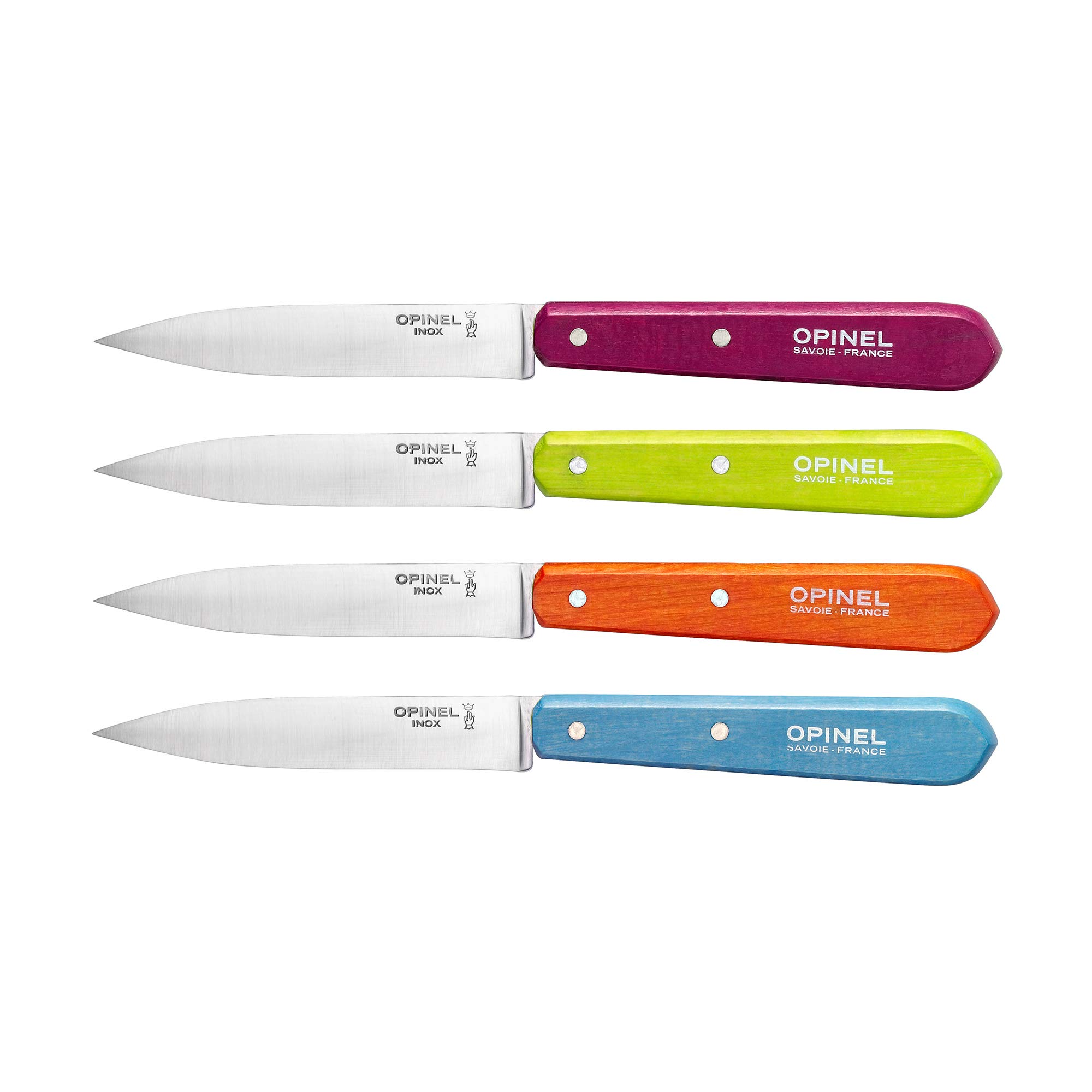 Opinel Küchenmesser Set mit 4 Messern Diverse Farben Kochmesser, Edelstahl, Hellgrün/Hellblau/Orange/Violett, 19.3 x 2 x 1 cm, 4-Einheiten