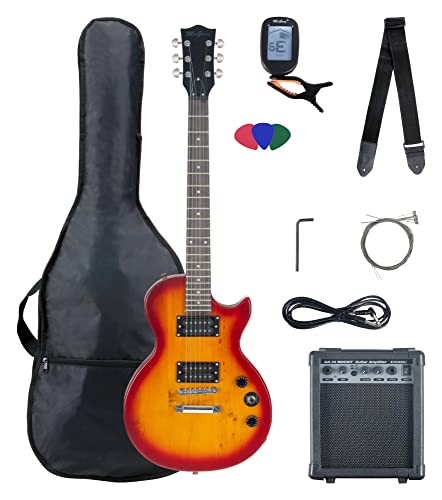 McGrey Rockit Single Cut Komplettset E-Gitarre (8-teiliges Anfängerset mit Gitarre, Verstärker, Ersatzsaiten, Gitarrentasche, Stimmgerät, Plektren, Gurt und Gitarrenkabel) Orange Burst