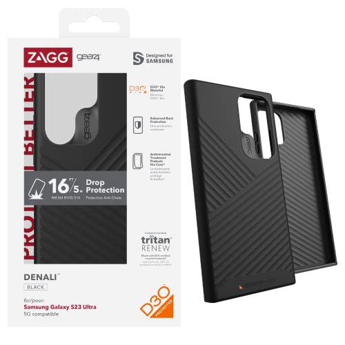 ZAGG Gear4 Denali D30 Protective Case for Samsung Galaxy S23 Ultra, 6.8in, Slim, Enhanced Back Protection, Ultimate Impact, Kickstand, Wireless Charging, (Black)
