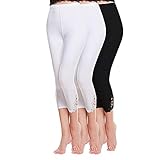 Shujin Damen Sommer 3er Pack Dünne Basic 3/4 Modal Leggings mit Spitzenbesatz Patchwork Capri Hose Casual kurz Freizeithose, 2*weiß+1*schwarz, Einheitsgröße / Taillenumfang: 58cm-95cm