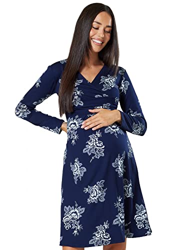 HAPPY MAMA Damen Viskosejersey Umstandskleid Schwangerschafts Kleid Langarm 890p (Marine & Weiße Blumen, 42, XL)