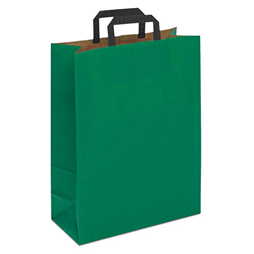 250 x Papiertüten grün TC 32+14x42 cm | Papiertragetaschen mit Henkel | Kraftpapiertüten | Papiertaschen mittel | HUTNER