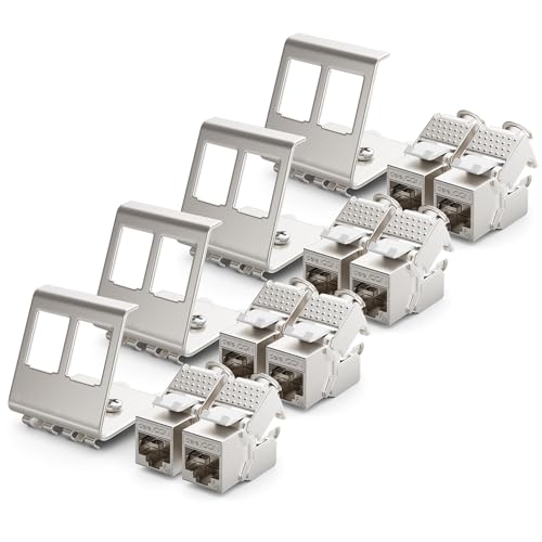 deleyCON 8X CAT6a Keystone Jack Modul mit 4X 2-Port Hutschienenadapter als Set Metall STP Schirmung RJ45 Buchse 10 Gbit/s Netzwerk Snap-In Montage für 35mm Hutschienen