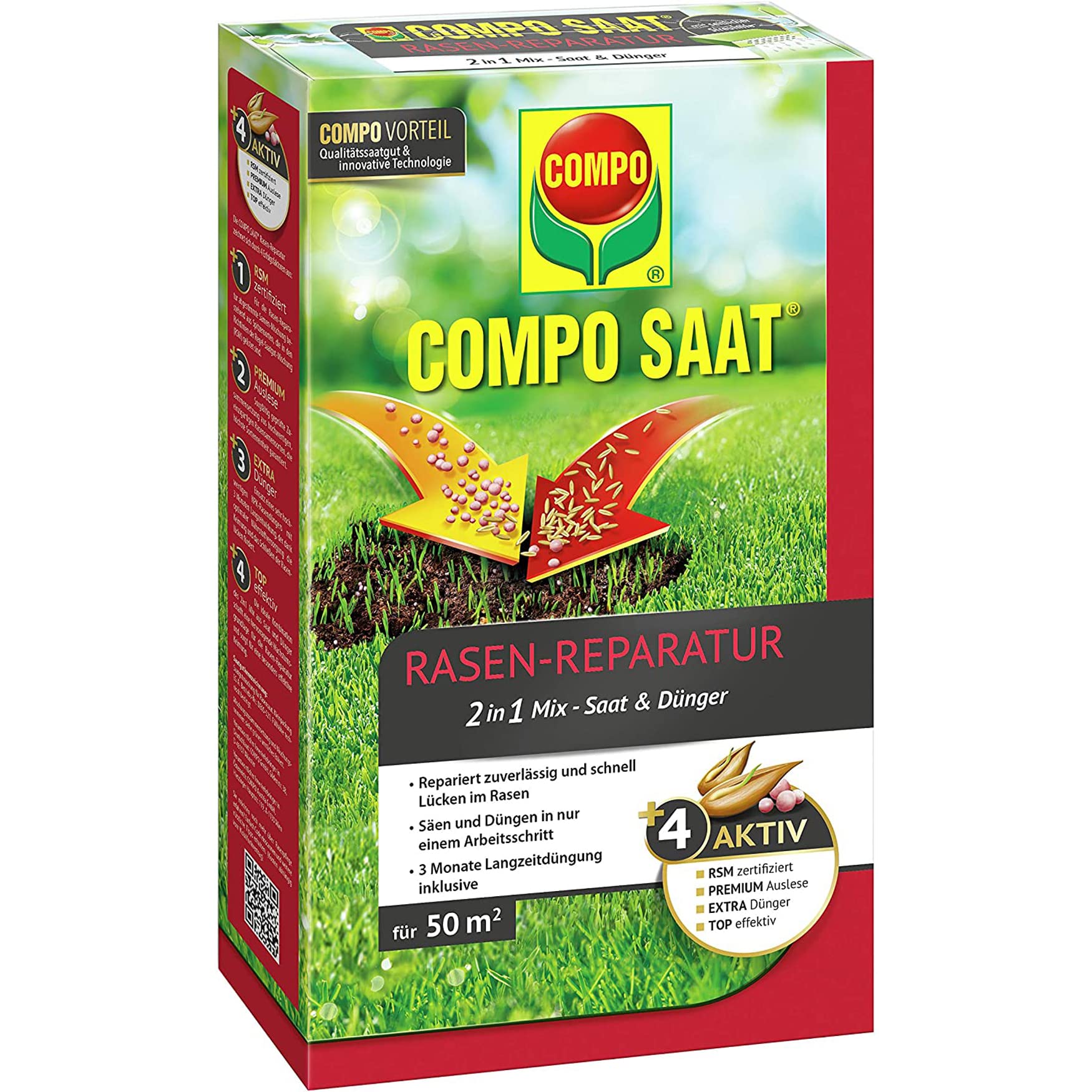 COMPO SAAT Rasen-Reparatur, Mischung aus Rasensamen / Grassamen und Rasendünger mit 3 Monate Langzeitwirkung, 1,2 kg, 50 m²