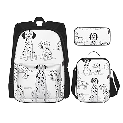 TOPUNY Cute Dalmatian Printing Backpack Set 3 Pieces Lightweight Duffel Bag Insulated Lunch Bag Pencil Case