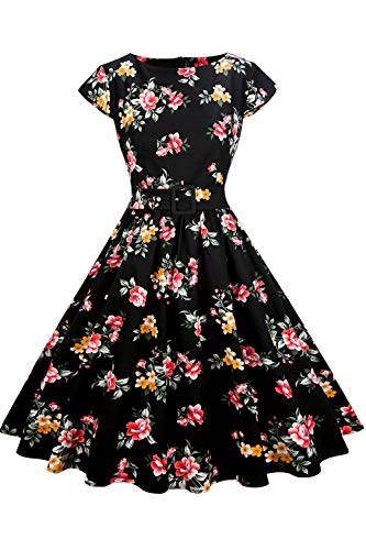 AXOE Damen Rockabilly Kleid 50er Jahre Blumen mit Gürtel Gr.42