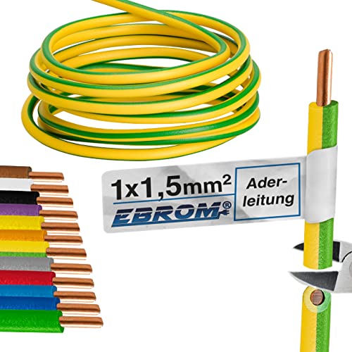 Aderleitung - Einzelader starr - PVC Leitung - H07V-U 1,5 mm² - Farbe: grün gelb 10m/15m/20m/25m/30m/35m/40m/45m/50m/55m/60m bis 100 m frei wählbar