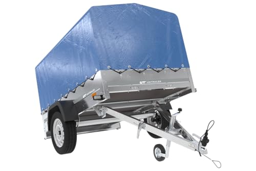 Garden Trailer 230 KIPP – PKW Anhänger 230 cm x 125 cm, mit Stützrad, Blauer Hochplane und Hochspriegel, Auto Anhänger mit klappbarer Deichsel und aufklappbarer hinterer Bordwand