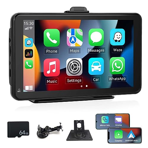 7 Zoll Touchscreen Autoradio, Wireless Apple CarPlay & Android Auto, Bluetooth Autoradio mit Apple Airplay/Mirror Link/FM-Sender/Bluetooth/GPS/Siri/Google/AUX-in/64G TF-Karte, für 7-32V Alle Auto