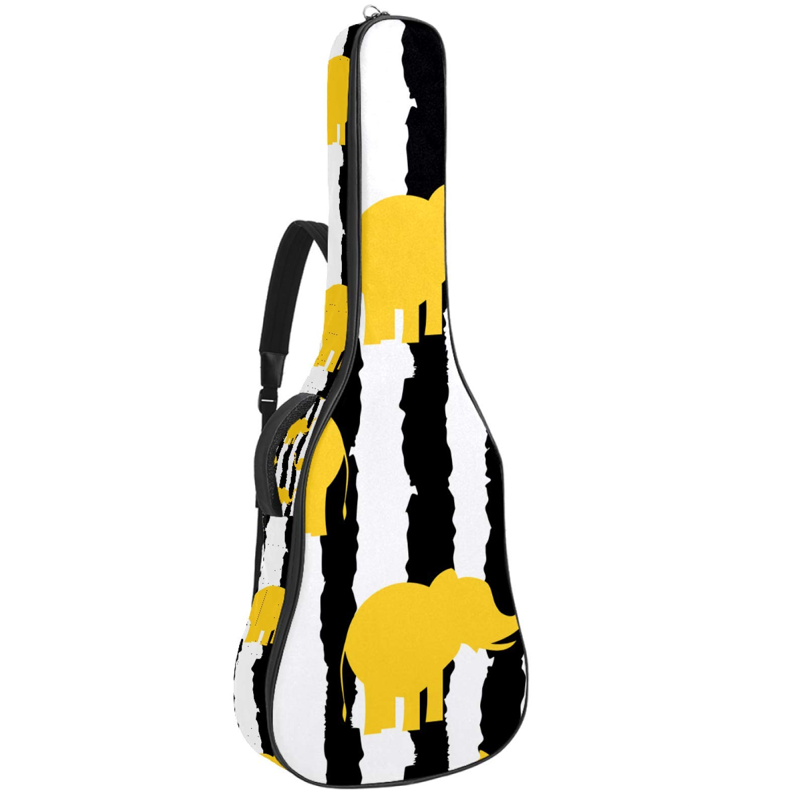 Gitarrentasche mit Reißverschluss, wasserdicht, weich, für Bassgitarre, Akustik- und klassische Folk-Gitarre, gelbe Elefanten, schwarze weiße Streifen