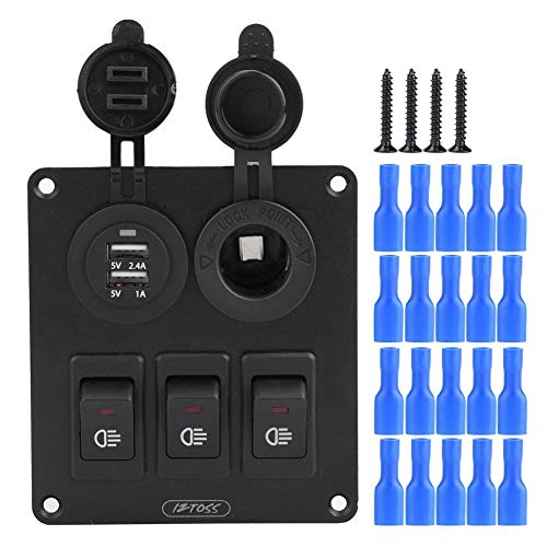 Keenso 3 Gang Wippschalter Panel wasserdicht, Auto Marine Kombination LED Wippschalter mit zwei USB-Ladegerät Zigarettenanzünder 12V / 24V für Auto Boat Vehicles Truck Trailer Yacht(Rote LED)