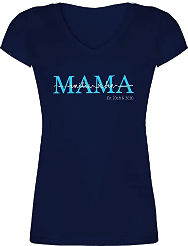 T-Shirt Damen V Ausschnitt personalisiert mit Namen - Muttertag - Mama Kindernamen I Geschenk Geburtstag - M - Dunkelblau - shrt nae Mum Set personalisierte muttertagsgeschenke muttertags - XO1525