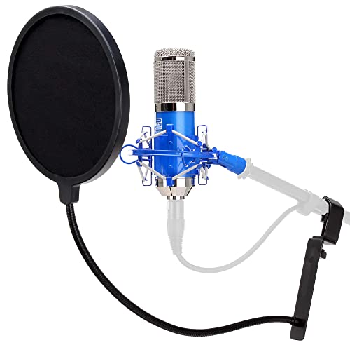 Pronomic CM-100B Studio Großmembranmikrofon XLR-Kondensatormikrofon inkl. Popkiller Set (mit Mikrofonspinne, Etui, Windschutz, Reduziergewinde und Mikro Popschutz schwarz) blau