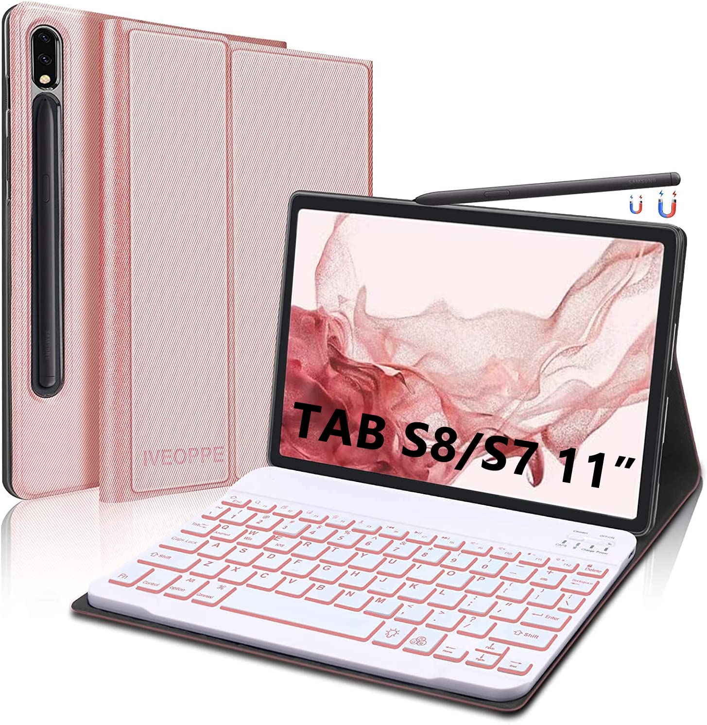 IVEOPPE Tastatur Hülle für Samsung Galaxy Tab S8 2022 / Tab S7 2020, Beleuchtete Abnehmbare QWERTZ Tastatur mit Hülle für Samsung Galaxy Tab S8/ Tab S7 11 Zoll (SM-X700/X706/T870/T875), Roségold