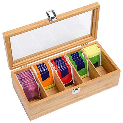 WBTY Teebox, 5 Fächer, Holz-Teebeutelbox, multifunktionale Aufbewahrungsbox mit Acrylglasfenster für den Heimgebrauch