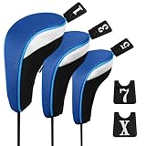 Andux Set Golf 460 cc Holzkopfabdeckungen für Golfschläger mit langem Hals und austauschbarer Nummer, 3 Stück Anhänger, 3 Stück., MT/mg02, schwarz / blau