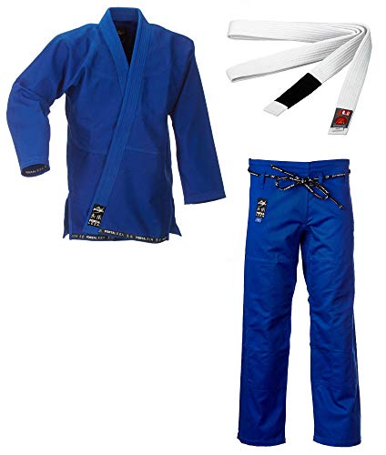 Ju-Sports BJJ Starter Gi Fortaleza Blau + BJJ Gürtel Weiß A3 I Leichter & solider Brazilian Jujutsu Anzug für Einsteiger I BJJ Gi Herren I 100% Baumwolle
