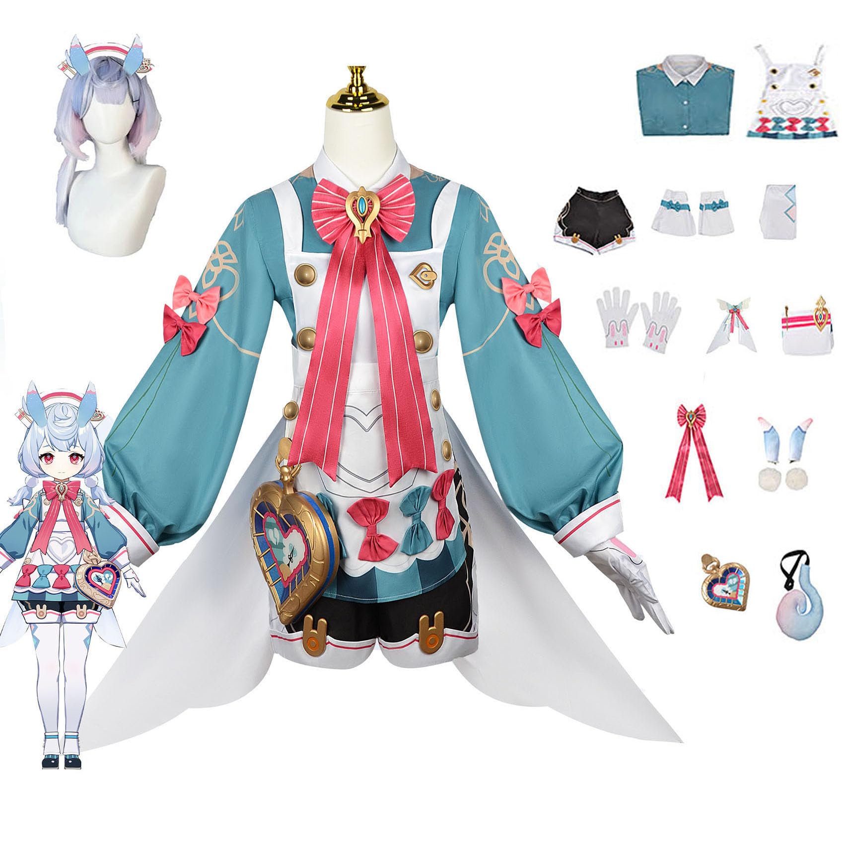 AOKLEY Anime Genshin Impact Sigewinne Cosplay Kostüm mit Perücke, Frauen Jacke Kleid Rollenspiel Kostüme, Halloween Karneval Party Up Anzug,Weiß,M
