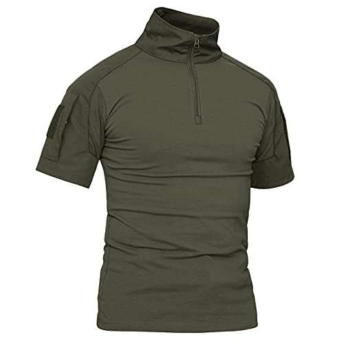 KEFITEVD T-Shirt Herren Taktisch 1/4 Reißverschluss Camouflage Shirt Ärmeltaschen mit Klett Army Uniform Flecktarn Outdoor Hemd Dunkeloliv XL (Etikett: 3XL)