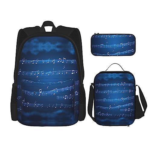 OdDdot Schulrucksack-Set, Reiserucksack, leichte Büchertasche, mit Lunchtasche, Federmäppchen, blaues, polynesisches Maori-Muster, Druck, Blaue Musiknoten, Einheitsgröße, Schulranzen-Set