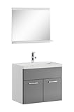 Badezimmer Badmöbel Montreal 02 Weiß mit Grau 60cm Waschbecken - Unterschrank Waschtisch Spiegel Möbel