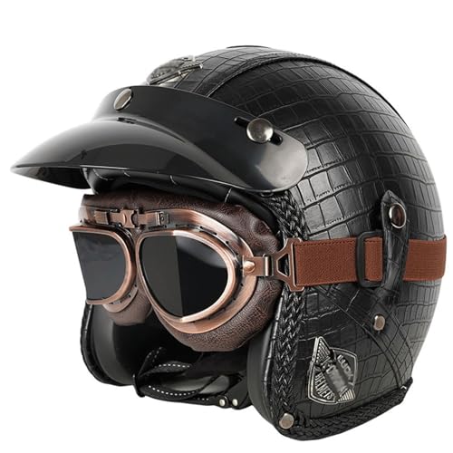 Leder Jethelm Retro Helm Motorradhelm Unisex Vintage, Rollerhelm Mopedhelm Chopper Helm mit Brille, ECE Genehmigt Jethelm Für Damen Und Herren 14,M