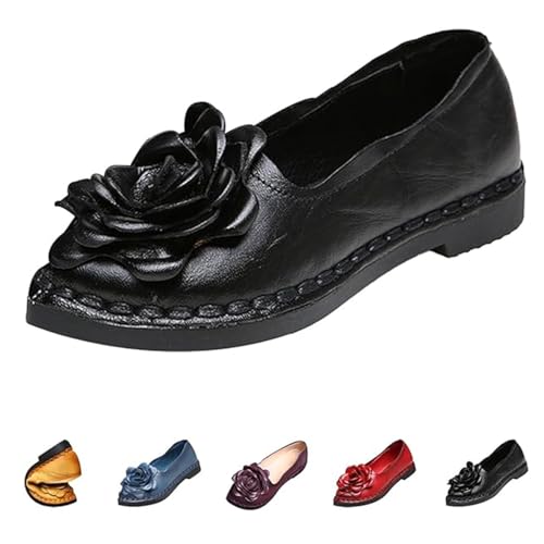 Frauen Casual Ballett Flache Schuhe Vintage Handgemachte Folk Leder Blume Weichen Boden Mode Casual Dating Flache Loafer (Color : Black, Size : 39)
