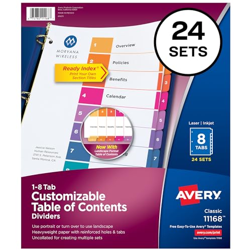 Avery 8-Tab Dividers for 3 Ring Binders, Customizable Table of Contents, Multicolor Tabs, 24 Sets (11168)