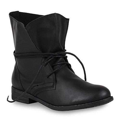 Trendy Damen Schuhe Stiefeletten Blockabsatz Leder-Optik 44438 Schwarz Schwarz 36 Flandell