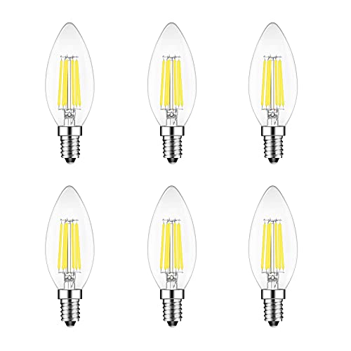 6er 6W E14 Kerze LED Lampe, Kein Flackern Dimmbar Filament Lampe E14 Glühfaden ersetzt 60W Glühlampe, Huamu LED Lighting kaltweiß 6500K Fadenlampe, Glas, 360° Abstrahlwinkel