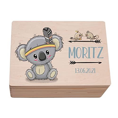 Hochzeitideal - Personalisierte Erinnerungskiste - Holzkiste Koala Motiv - Aufbewahrungskiste - Geschenkt Geburt - Erinnerungsbox Baby Taufe - Holzkiste für Kinder (L (40x30x14 cm))