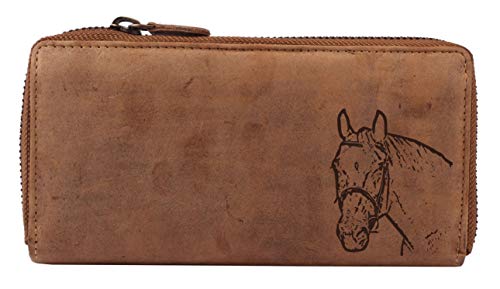 Greenburry Vintage Leder Damen Geldbörse Brieftasche Motiv Pferd Braun 19x10x2,5cm