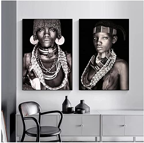 Wandbilder 2 Stück 60x80 cm Rahmenlos Afrikanisches Charakter Portrait Tribal Frauen Männer Poster und Druck Wohnzimmer Schwarz-Weiß Bild