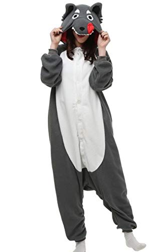 Unisex Kigurumi Jumpsuit Tier Pyjamas Kostüm Fasching Onesie Damen Herren Karneval Cosplay Nachtwäsche, Grau Wolf
