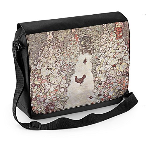 Gustav Klimt Garden mit Huhn und Hahn Laptop Messenger Bag, schwarz / weiß, Einheitsgröße