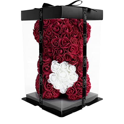 Infinity® - edler Rosenbär mit über 300 handgeklebten Schaumstoffrosen, verziert mit Einer Infinity Satinschleife und Geschenkbox (ca. 25cm)
