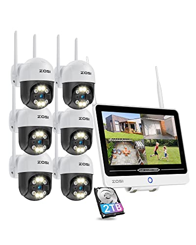 ZOSI 2K Überwachungskamera Set Aussen WLAN mit 12.5" Monitor, 6X 3MP PTZ WiFi Kamera mit Spotlight und 8CH 2TB HDD NVR, 2-Wege-Audio, Farbnachtsicht, IP66 Wasserdicht