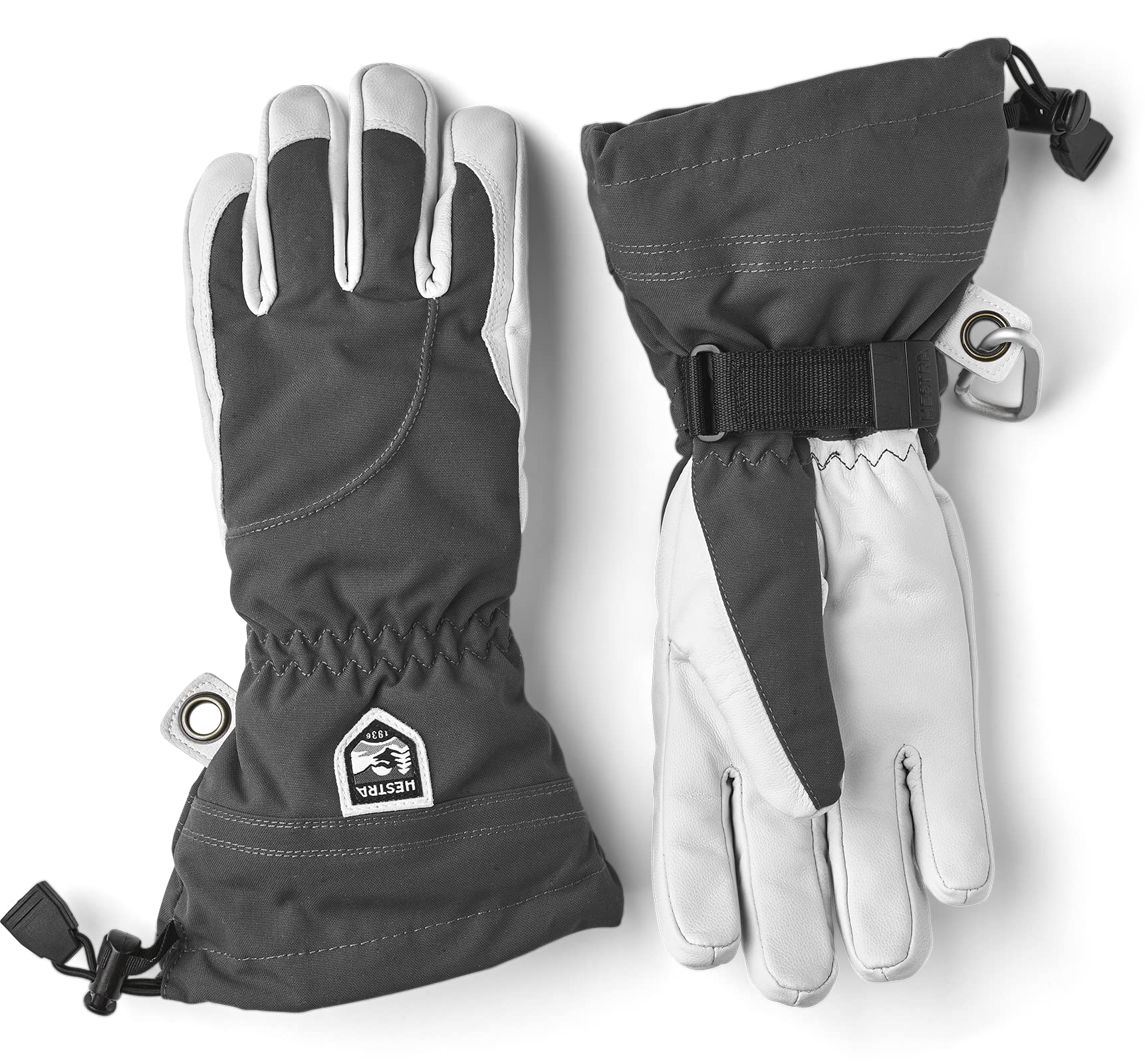Hestra Heli Ski Damen Handschuh - Klassischer 5-Finger Leder Schneehandschuh zum Skifahren, Snowboarden und Bergsteigen (Damenpassform) - Grau/Offwhite - 6