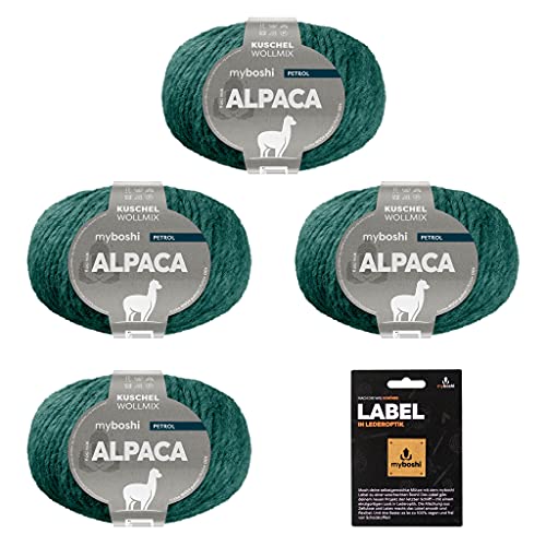 myboshi Alpaca-Wolle inkl. original Label in Lederoptik, zum Häkeln/Stricken, temperaturregulierend, angenehm weich, für Damenoberbekleidung Blau (Petrol) 4 Knäuel