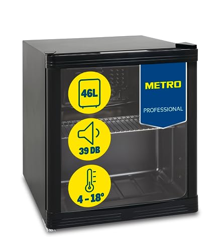 METRO Professional Mini-Kühlschrank GPC1046 mit Glastür - aus Glas und Edelstahl - für Zimmer Büro - Kühlschrank für Getränke Snacks Kosmetik - Minibar - 43x48x51.5cm - 46L - Umluftkühlung - Schwarz