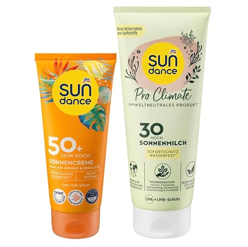 SUNDANCE 2er-Set Sonnenschutz: SONNENCREME LSF 50+ SEHR HOCH, UVA+UVB-Schutz ohne Octocrylene (100ml) + SONNENMILCH LSF 50, mit tropischem Duft & Vitamin E gegen Hautalterung (200 ml), 300 ml